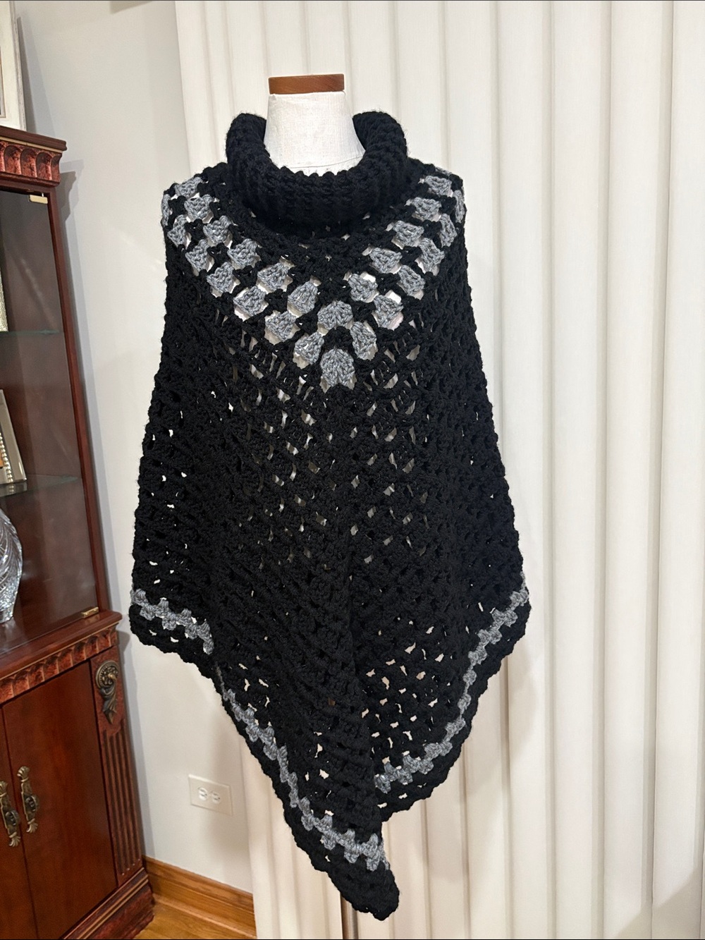 Handmade Chunky Black Crochet turtleneck / cowl neck Poncho with Gray Accents